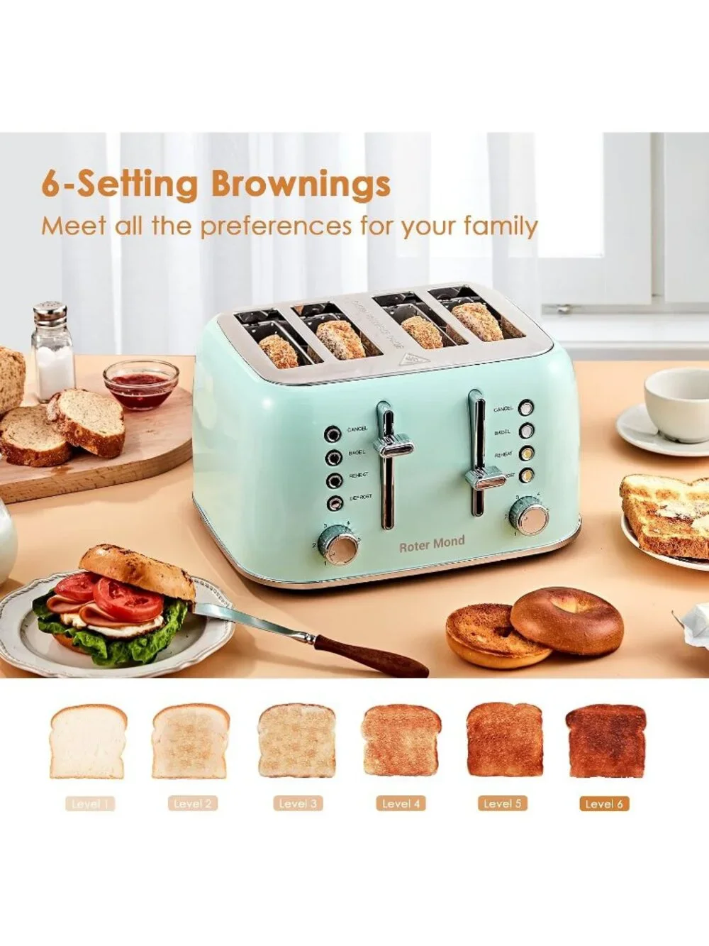 4 Slice Mint Green Retro Stainless Steel with Extra Wide Slots Bagel Toaster